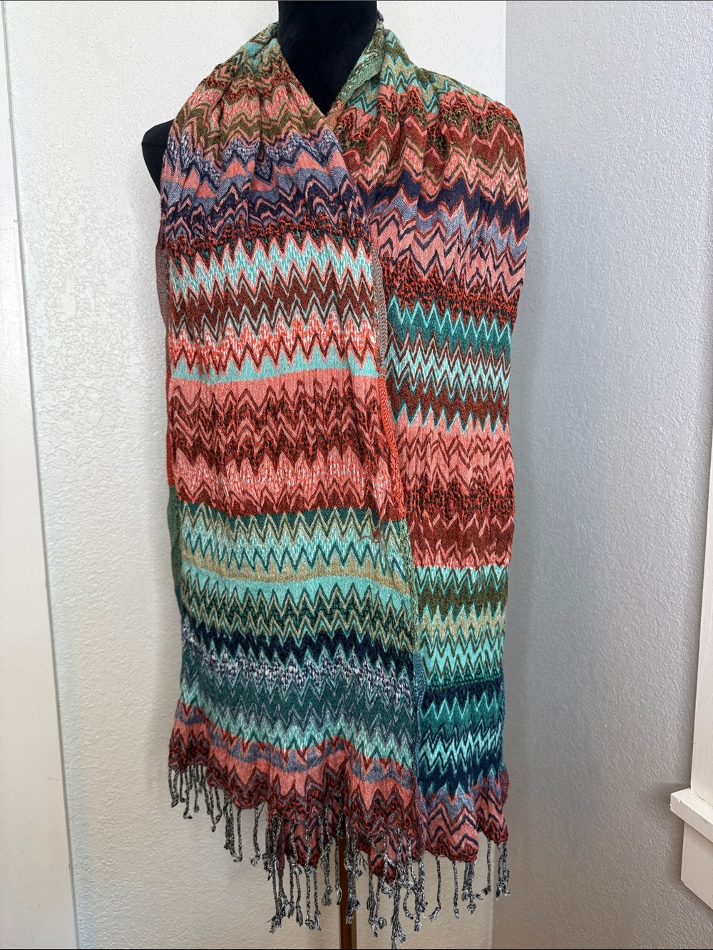 Boho Knit Fringe Scarf Wrap Shawl Earthy Sunset Southwest Festival Indie Energy